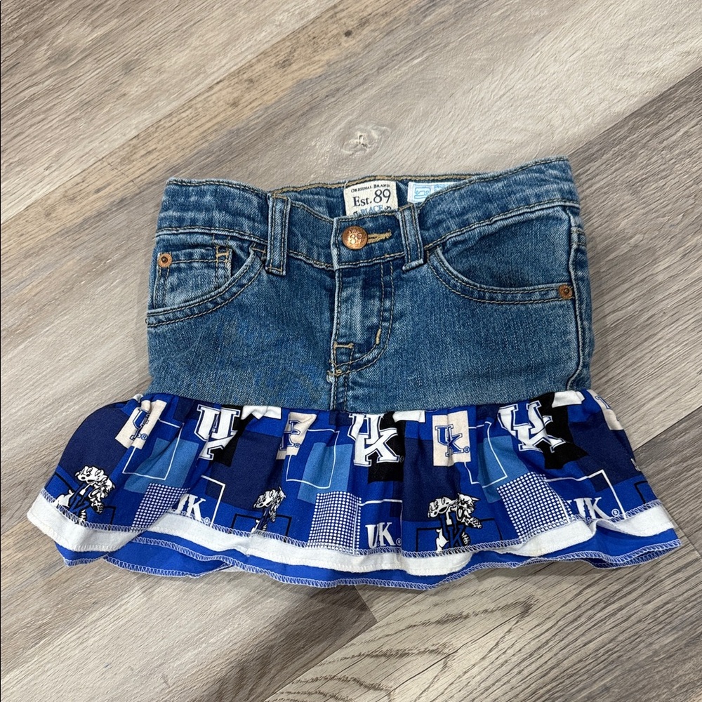 Upcycled Girls Size 5 Jeans Skirt w/ University of Kentucky Fabric Ruffle‎